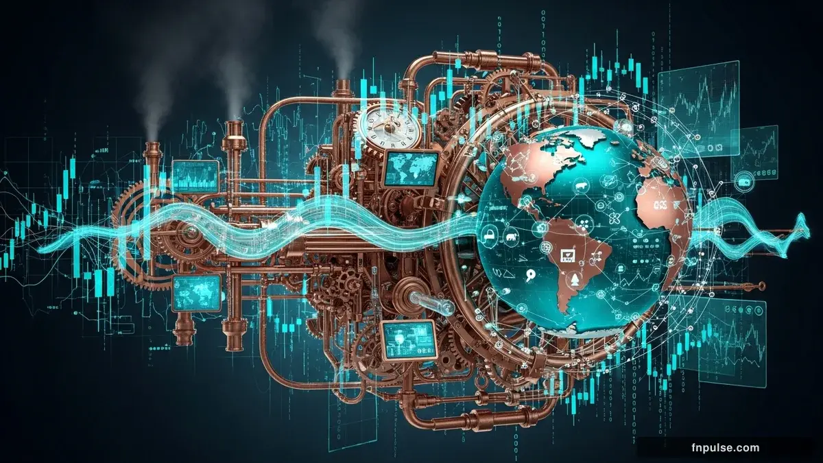 A steampunk globe with brass meridian lines and copper continent plates, surrounded by glowing teal financial data streams, candlestick charts, and holographic trading network connections — editorial illustration for "Dynamic Risk Management: Mastering Forex Volatility in 2026".
