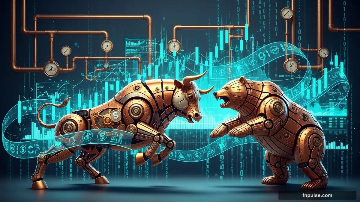 A steampunk mechanical bull with copper gears and brass rivets charges through a digital financial landscape, surrounded by glowing teal candlestick charts, binary code streams, and holographic market data overlays against a dark navy background — editorial illustration for "Trading Earnings Season: How Corporate Results Impact Forex and Indices".