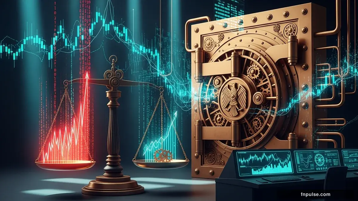 A grand steampunk vault with massive brass doors and copper mechanism wheels, balance scales made of clockwork gears, interest rate indicators glowing in teal holographic displays — editorial illustration for "ECB Faces Stagflation Dilemma: April 30 Rate Decision Preview as Iran War Fuels Inflation".