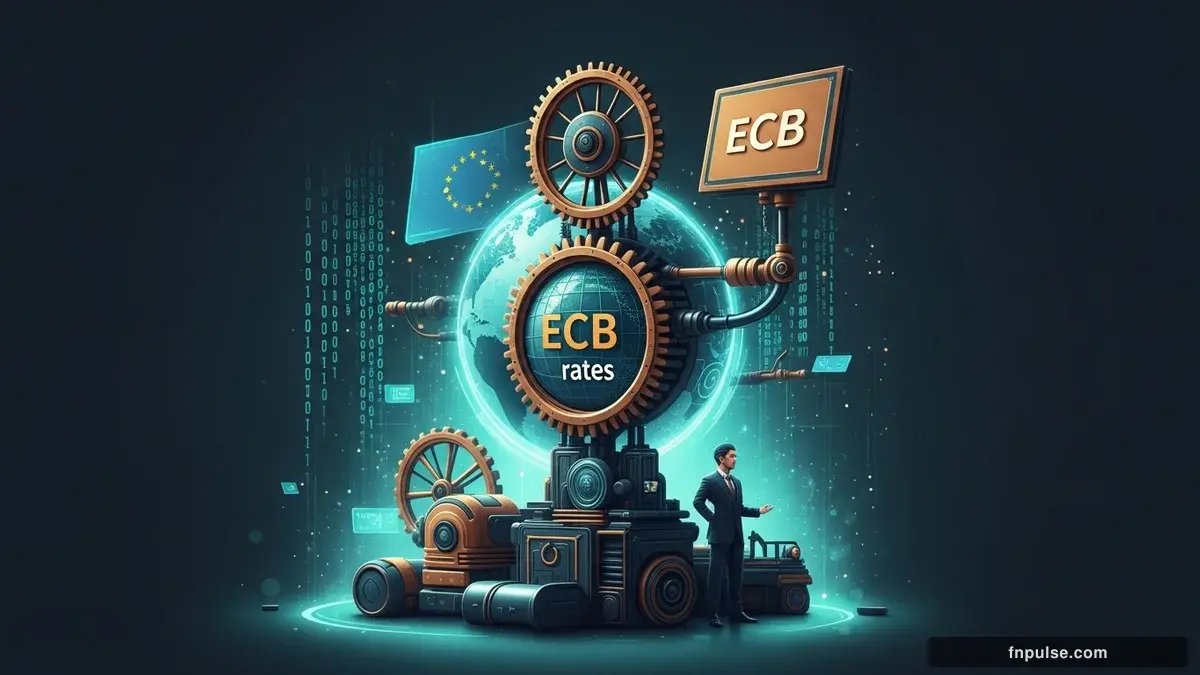 A grand steampunk vault with massive brass doors and copper mechanism wheels, balance scales made of clockwork gears, interest rate indicators glowing in teal holographic displays — editorial illustration for "ECB to Hike Rates Twice in 2026 as Iran War Drives Inflation to 3%, Bloomberg Survey Shows".