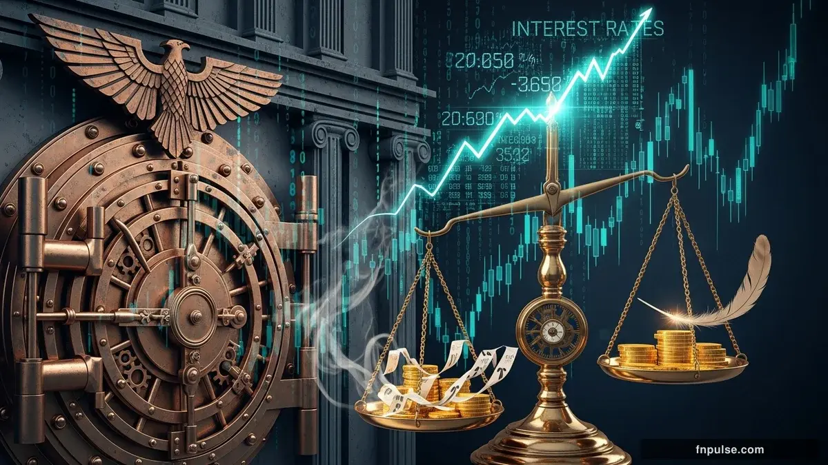 A grand steampunk vault with massive brass doors and copper mechanism wheels, balance scales made of clockwork gears, interest rate indicators glowing in teal holographic displays — editorial illustration for "ECB Rate Hike Odds Surge as Cipollone Warns Inflation Pressures Mounting".
