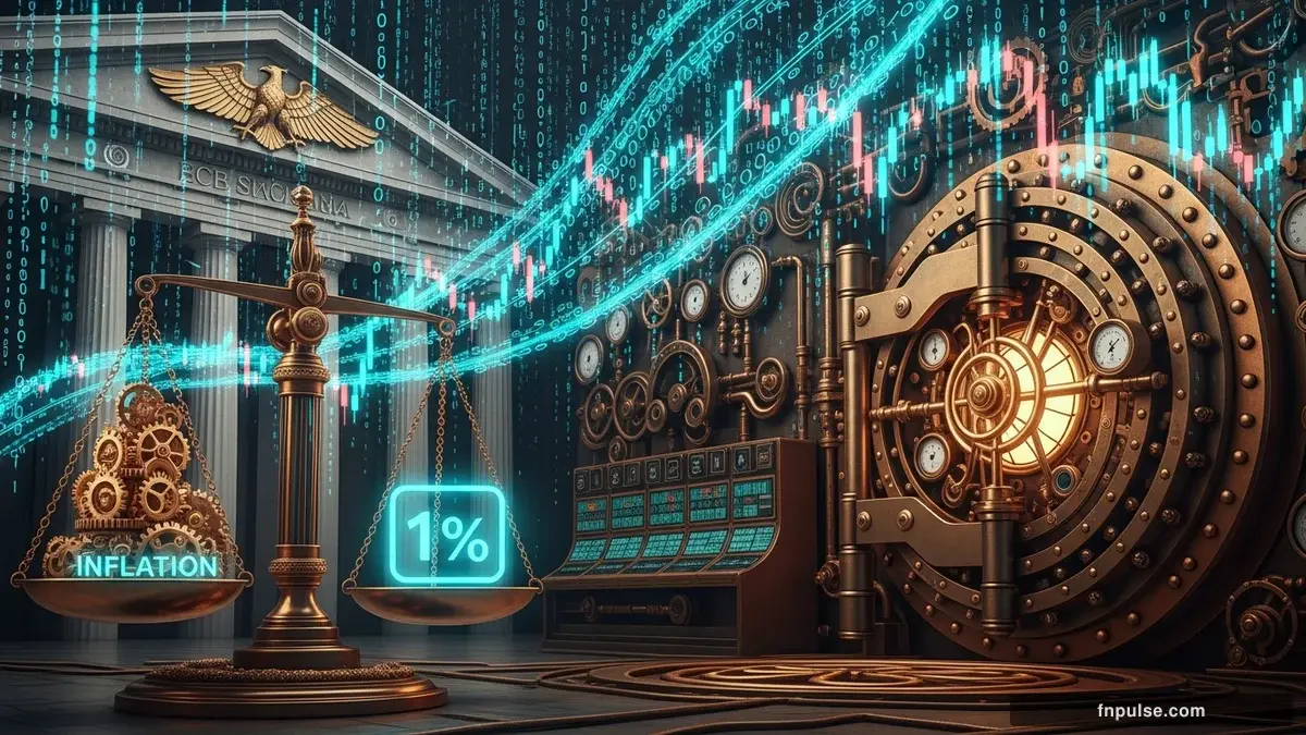 A grand steampunk vault with massive brass doors and copper mechanism wheels, balance scales made of clockwork gears, interest rate indicators glowing in teal holographic displays — editorial illustration for "ECB Signals June Rate Hike as Eurozone Inflation Surges to 3% on Iran War Fallout".