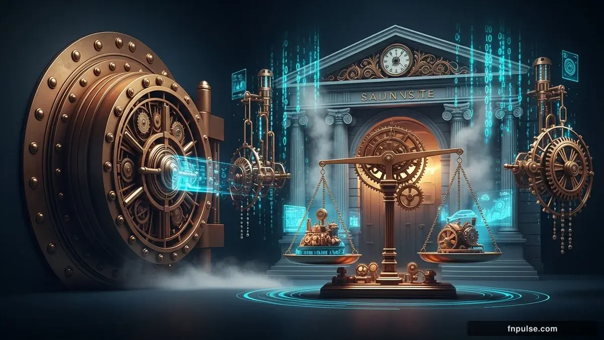 A grand steampunk vault with massive brass doors and copper mechanism wheels, balance scales made of clockwork gears, interest rate indicators glowing in teal holographic displays — editorial illustration for "ECB Survey Shows No Wage Spiral Despite Iran Energy Shock".