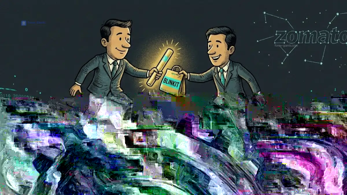 Two cartoon businessmen in suits exchange a baton labeled "Blinkit" atop a large cogwheel marked "ETERNAL," with digital 1s and 0s swirling around.