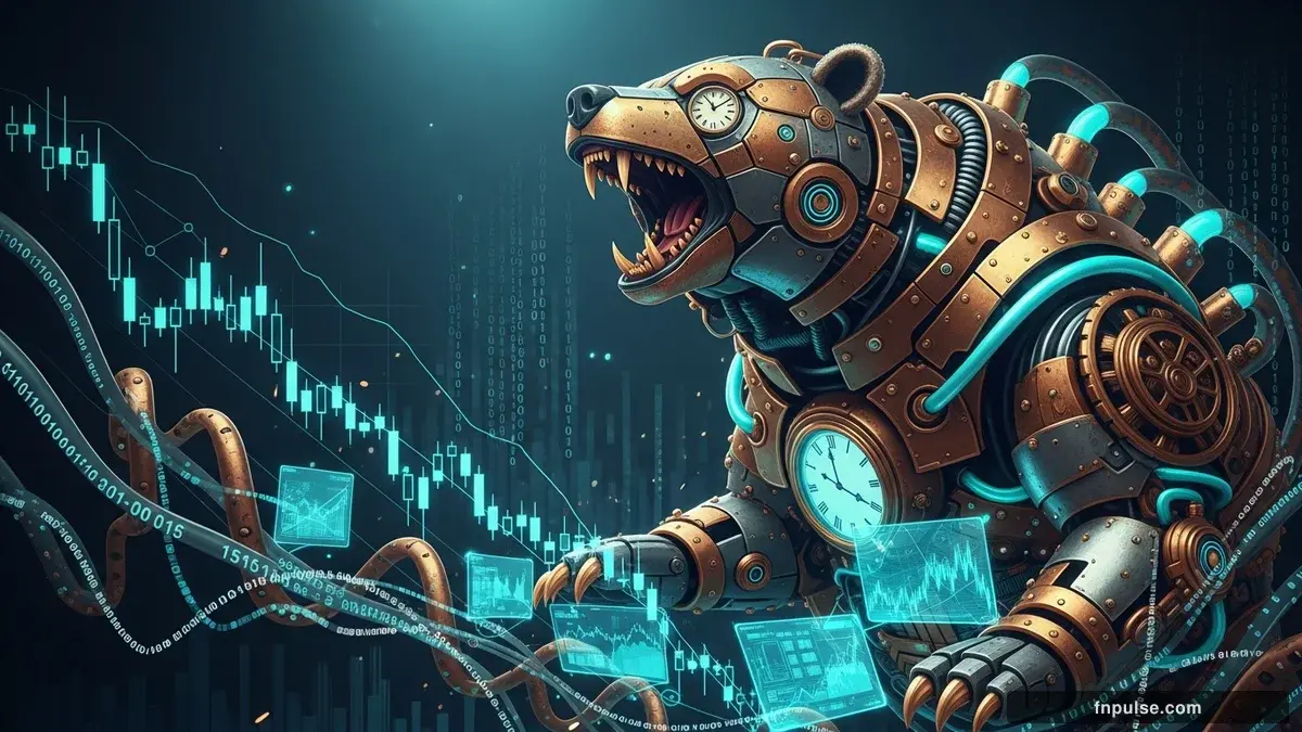 A steampunk mechanical bull with copper gears and brass rivets charges through a digital financial landscape, surrounded by glowing teal candlestick charts, binary code streams, and holographic market data overlays against a dark navy background — editorial illustration for "EUR/USD Crashes Below 1.16 as Fed Hawkishness and Iran Oil Shock Fuel Dollar Surge".