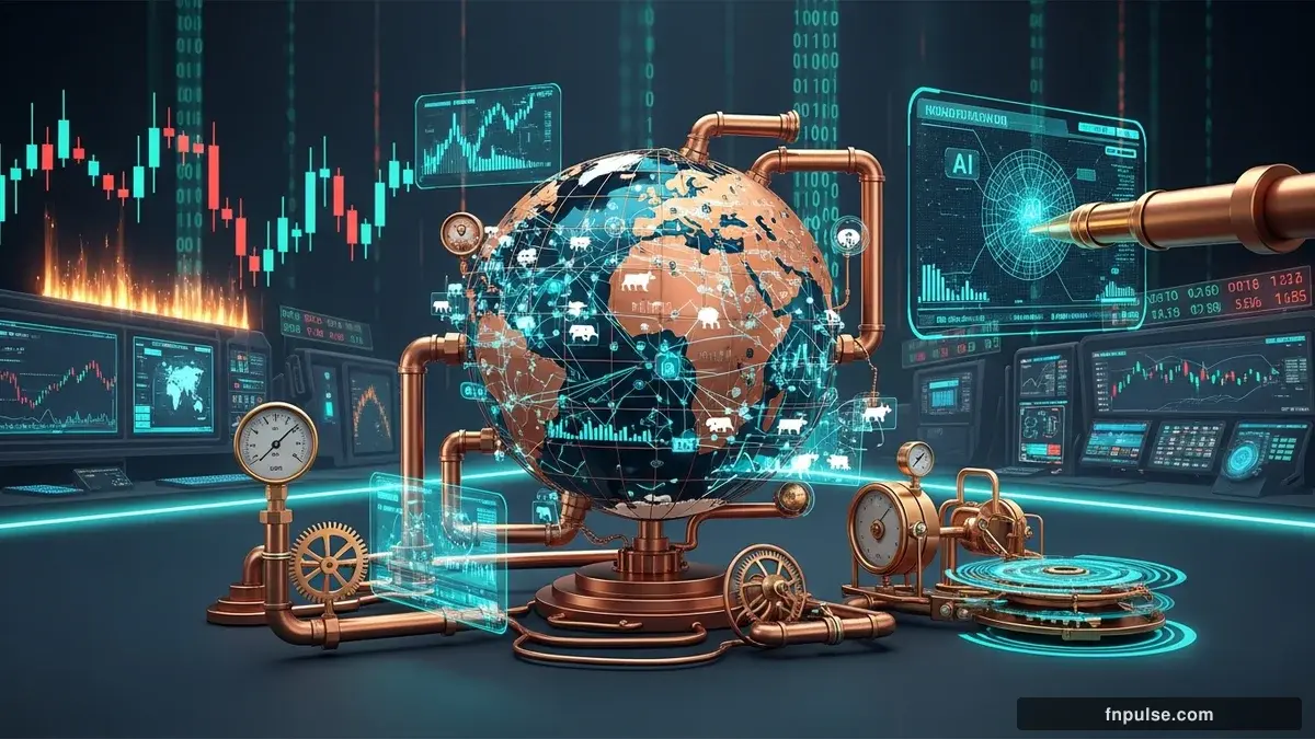 A steampunk globe with brass meridian lines and copper continent plates, surrounded by glowing teal financial data streams, candlestick charts, and holographic trading network connections — editorial illustration for "Uncover 2025's Fastest Brokers: AI-Driven Execution Speed Analysis".