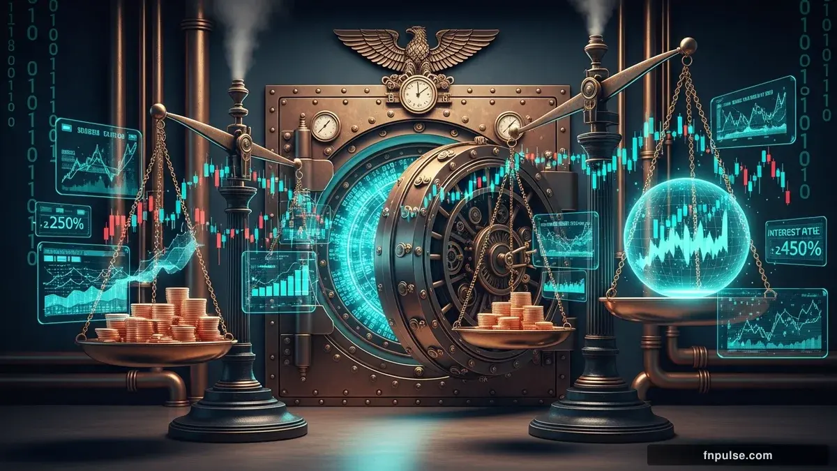 A grand steampunk vault with massive brass doors and copper mechanism wheels, balance scales made of clockwork gears, interest rate indicators glowing in teal holographic displays — editorial illustration for "Historic Fed Divisions: Four Dissents Challenge Rate-Cut Guidance as Iran War Stokes Inflation Fears".
