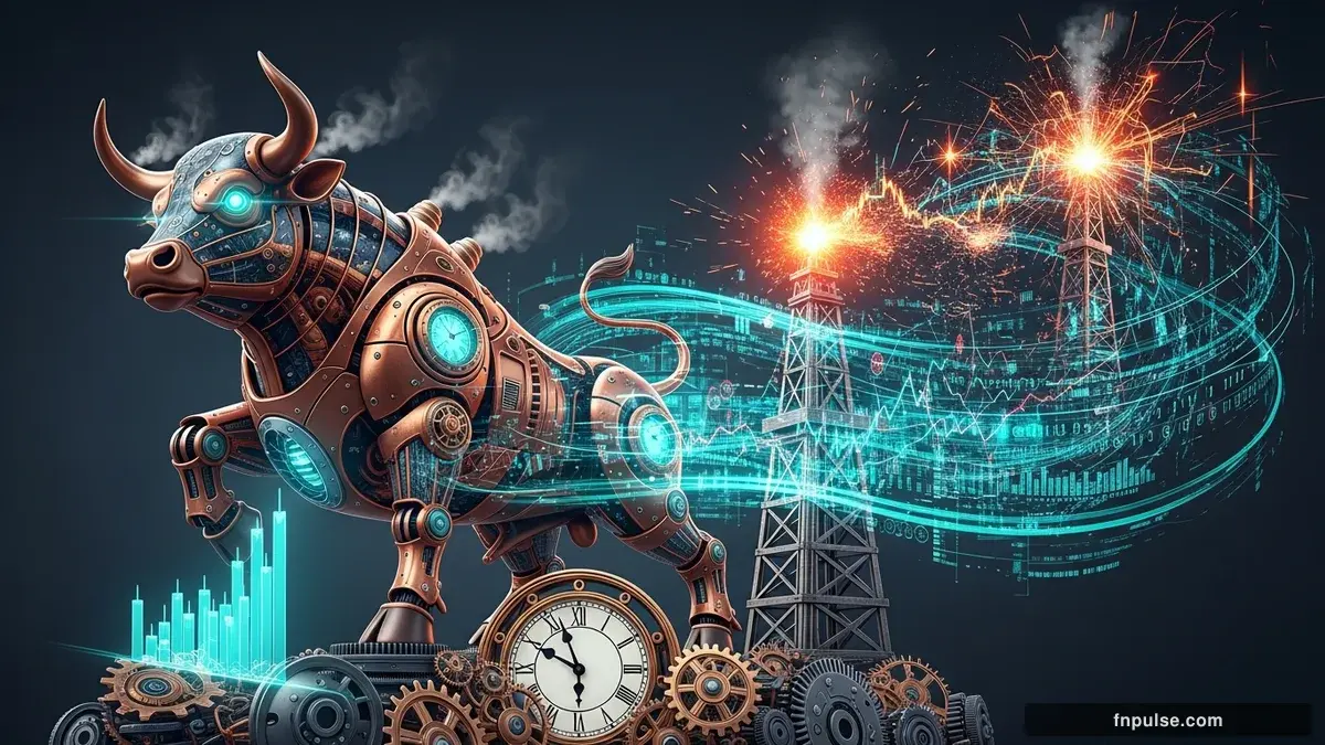 A steampunk mechanical bull with copper gears and brass rivets charges through a digital financial landscape, surrounded by glowing teal candlestick charts, binary code streams, and holographic market data overlays against a dark navy background — editorial illustration for "Fed Holds Rates as Oil Spikes Above $119: Dollar Dominates Market".