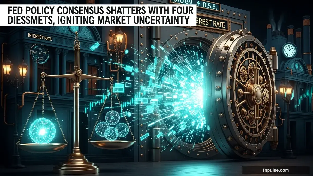 A grand steampunk vault with massive brass doors and copper mechanism wheels, balance scales made of clockwork gears, interest rate indicators glowing in teal holographic displays — editorial illustration for "Fed Policy Consensus Shatters With Four Dissents, Igniting Market Uncertainty".