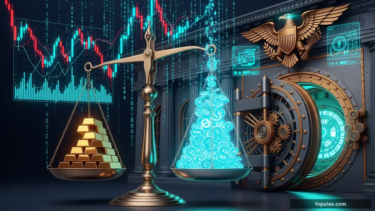 A grand steampunk vault with massive brass doors and copper mechanism wheels, balance scales made of clockwork gears, interest rate indicators glowing in teal holographic displays — editorial illustration for "Fed's Hawkish Hold Sparks Dollar Surge as Gold Plunges to Monthly Lows".