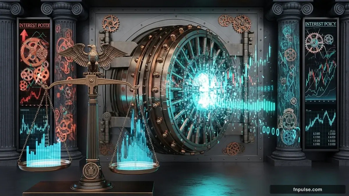 A grand steampunk vault with massive brass doors and copper mechanism wheels, balance scales made of clockwork gears, interest rate indicators glowing in teal holographic displays — editorial illustration for "Fed's Historic 4-Vote Dissent Shatters Policy Consensus, Sparks Market Uncertainty".