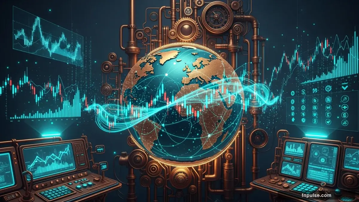 A steampunk globe with brass meridian lines and copper continent plates, surrounded by glowing teal financial data streams, candlestick charts, and holographic trading network connections — editorial illustration for "Your First Forex Trade: Step-by-Step".