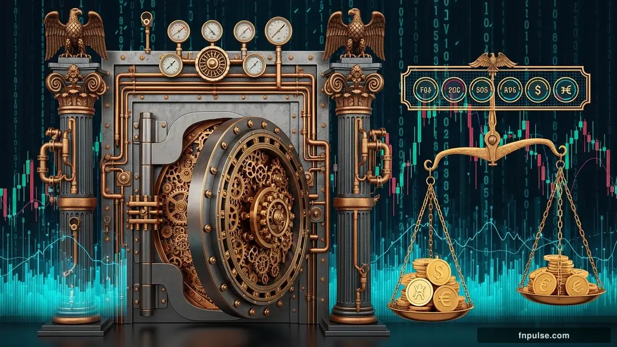 A grand steampunk vault with massive brass doors and copper mechanism wheels, balance scales made of clockwork gears, interest rate indicators glowing in teal holographic displays — editorial illustration for "Five Central Banks Meet This Week: High Volatility Ahead for Forex Traders".