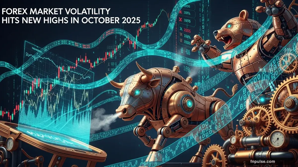 A steampunk mechanical bull with copper gears and brass rivets charges through a digital financial landscape, surrounded by glowing teal candlestick charts, binary code streams, and holographic market data overlays against a dark navy background — editorial illustration for "Forex Market Volatility Hits New Highs in October 2025".
