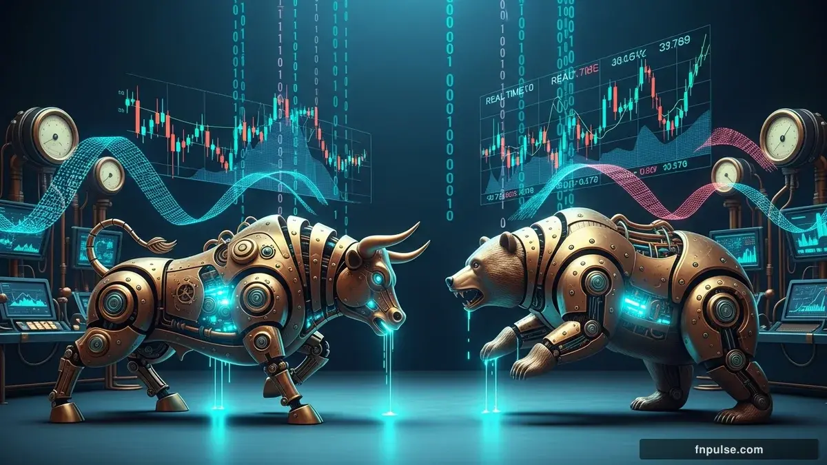 A steampunk mechanical bull with copper gears and brass rivets charges through a digital financial landscape, surrounded by glowing teal candlestick charts, binary code streams, and holographic market data overlays against a dark navy background — editorial illustration for "Forex Markets Face Most Critical Week of 2026 as CPI, Retail Sales, and Trump-Xi Summit Converge".