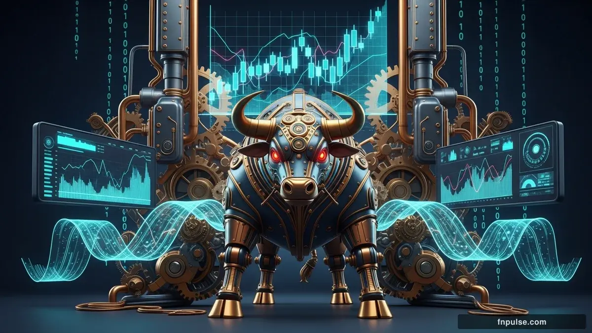 A steampunk mechanical bull with copper gears and brass rivets charges through a digital financial landscape, surrounded by glowing teal candlestick charts, binary code streams, and holographic market data overlays against a dark navy background — editorial illustration for "Forex Markets Week Ahead: CPI, Retail Sales, and Trump-Xi Summit Converge in Critical Week for Dollar".
