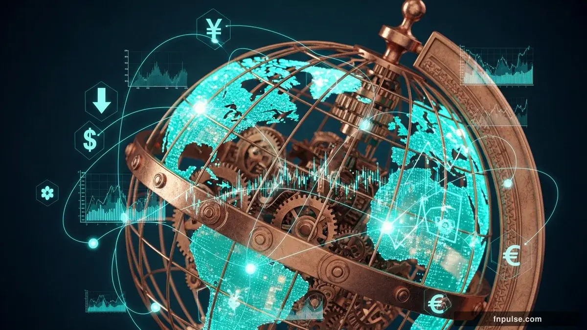 A steampunk globe with brass meridian lines and copper continent plates, surrounded by glowing teal financial data streams, candlestick charts, and holographic trading network connections — editorial illustration for "Forex Markets Whipsaw on US-Iran Deal Uncertainty as Dollar Weakens to 98.03".