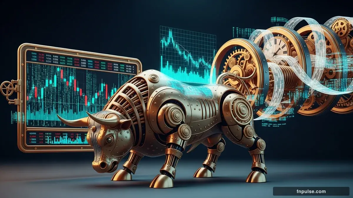 A steampunk mechanical bull with copper gears and brass rivets charges through a digital financial landscape, surrounded by glowing teal candlestick charts, binary code streams, and holographic market data overlays against a dark navy background — editorial illustration for "Forex Week Ahead: CPI Data Tuesday Could Reshape EUR/USD at Critical 1.1680 Support".