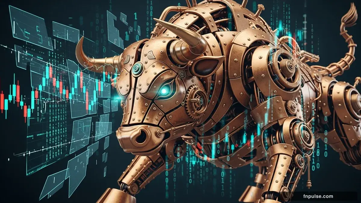 A steampunk mechanical bull with copper gears and brass rivets charges through a digital financial landscape, surrounded by glowing teal candlestick charts, binary code streams, and holographic market data overlays against a dark navy background — editorial illustration for "Forex Week Ahead: Light Calendar Tests Warsh's Fed Debut as USD/JPY Hovers Near Intervention Zone".