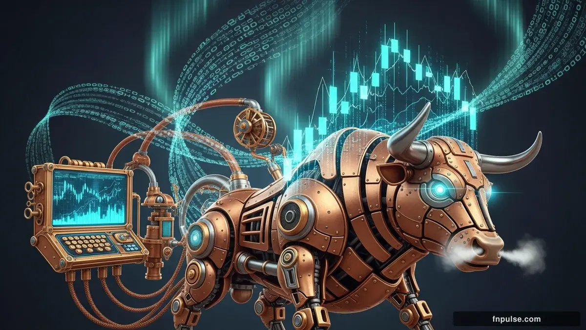 A steampunk mechanical bull with copper gears and brass rivets charges through a digital financial landscape, surrounded by glowing teal candlestick charts, binary code streams, and holographic market data overlays against a dark navy background — editorial illustration for "Forex Week Ahead (May 19-23): FOMC Minutes, Warsh's First Week, and PMI Data Under Scrutiny as Dollar Holds 99.28".