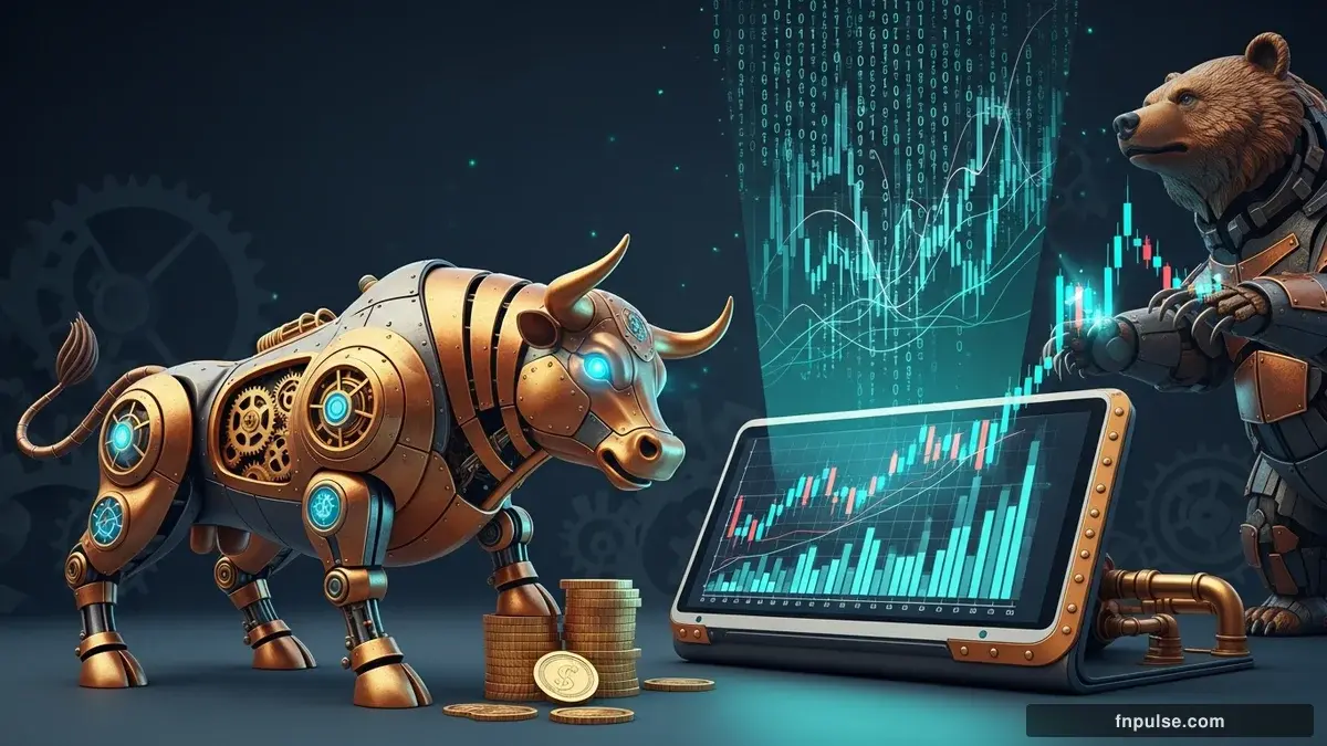 A steampunk mechanical bull with copper gears and brass rivets charges through a digital financial landscape, surrounded by glowing teal candlestick charts, binary code streams, and holographic market data overlays against a dark navy background — editorial illustration for "Forex Week Ahead (May 19-23): Quiet Start Gives Way to FOMC Minutes and Global PMI Blitz".