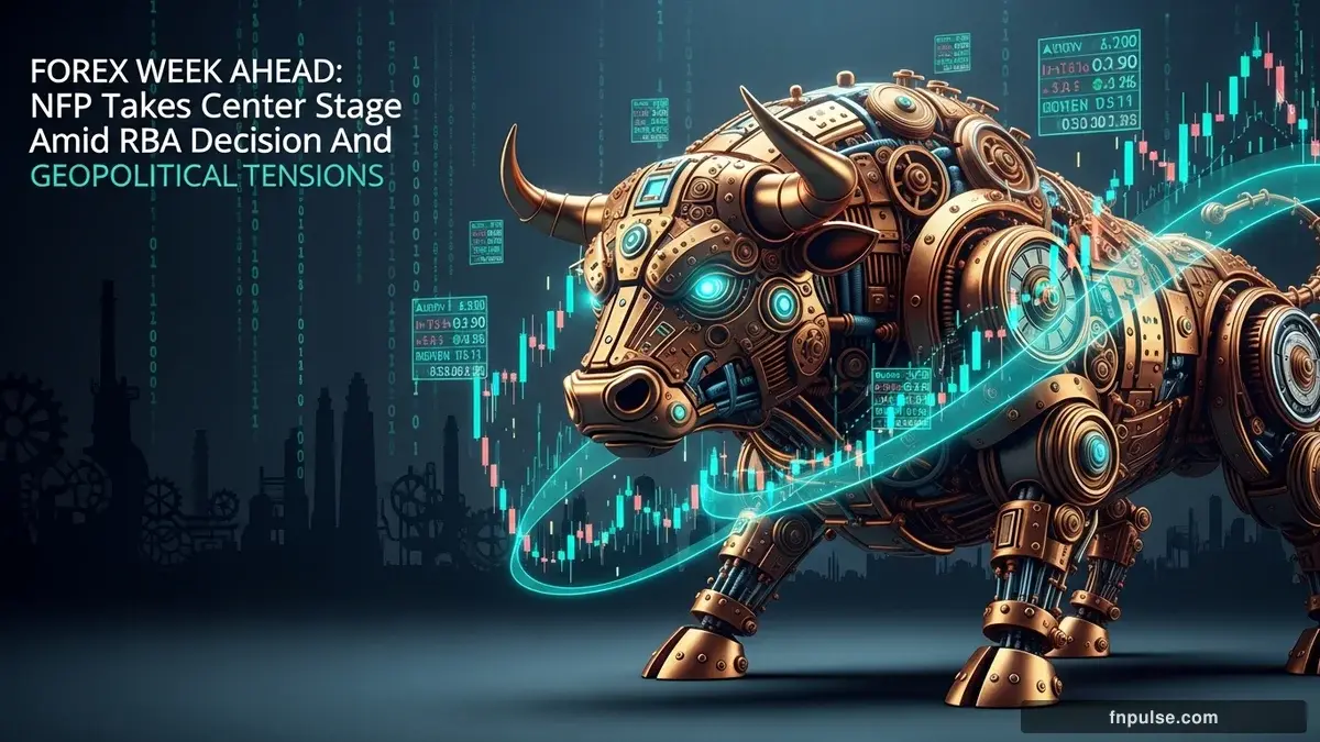 A steampunk mechanical bull with copper gears and brass rivets charges through a digital financial landscape, surrounded by glowing teal candlestick charts, binary code streams, and holographic market data overlays against a dark navy background — editorial illustration for "Forex Week Ahead: NFP Takes Center Stage Amid RBA Decision and Geopolitical Tensions".