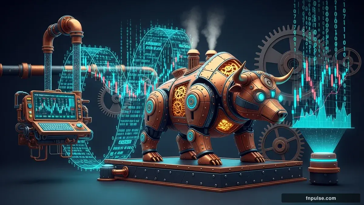 A steampunk mechanical bull with copper gears and brass rivets charges through a digital financial landscape, surrounded by glowing teal candlestick charts, binary code streams, and holographic market data overlays against a dark navy background — editorial illustration for "Forex Week Ahead: RBA Rate Decision and US NFP Take Center Stage as Yen Volatility Lingers".