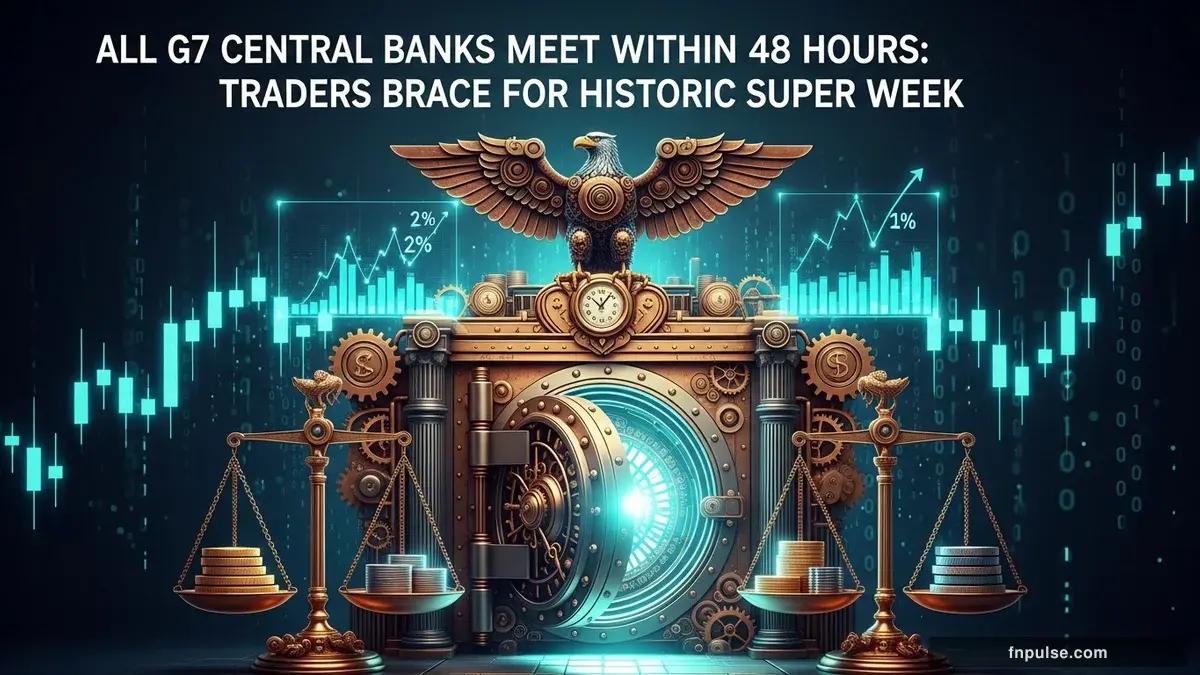 A grand steampunk vault with massive brass doors and copper mechanism wheels, balance scales made of clockwork gears, interest rate indicators glowing in teal holographic displays — editorial illustration for "All G7 Central Banks Meet Within 48 Hours: Traders Brace for Historic Super Week".