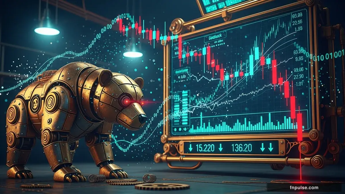A steampunk mechanical bull with copper gears and brass rivets charges through a digital financial landscape, surrounded by glowing teal candlestick charts, binary code streams, and holographic market data overlays against a dark navy background — editorial illustration for "GBP/USD Plunges 127 Pips to 1.3300 as UK Payrolls Drop 100,000".