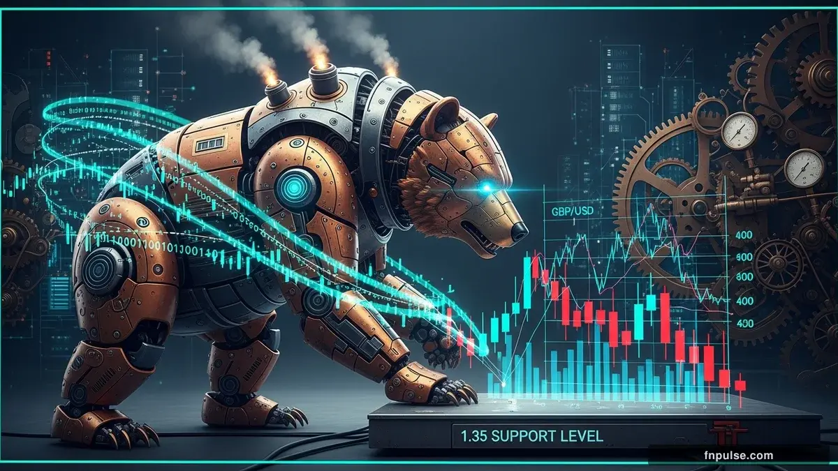 A steampunk mechanical bull with copper gears and brass rivets charges through a digital financial landscape, surrounded by glowing teal candlestick charts, binary code streams, and holographic market data overlays against a dark navy background — editorial illustration for "GBP/USD Technical Analysis: 1.35 Support Holds as Dollar Strength Tests Sterling".