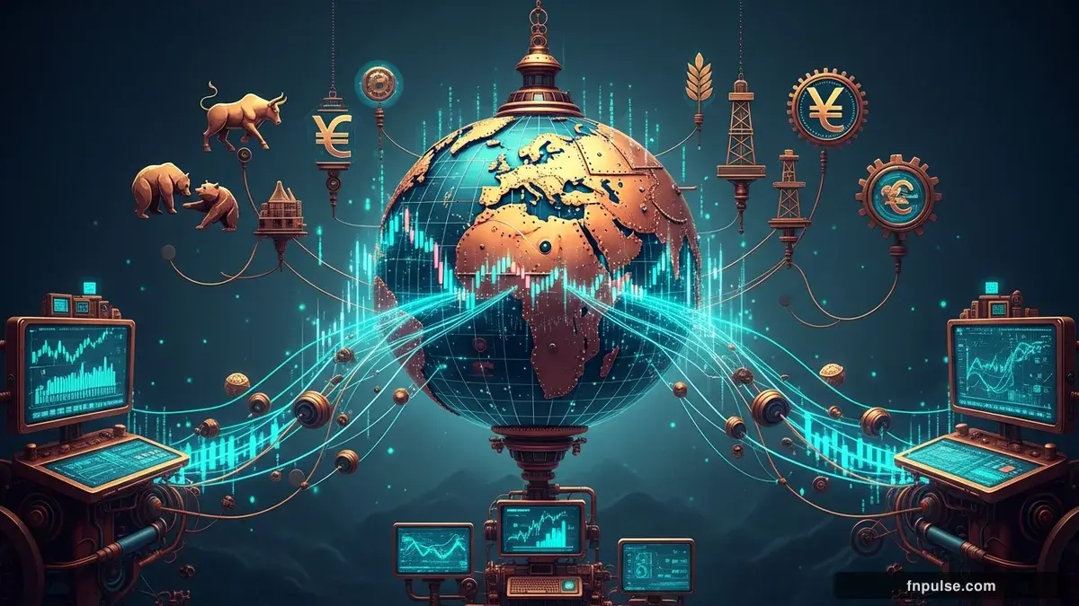 A steampunk globe with brass meridian lines and copper continent plates, surrounded by glowing teal financial data streams, candlestick charts, and holographic trading network connections — editorial illustration for "How Geopolitical Events Affect Forex".