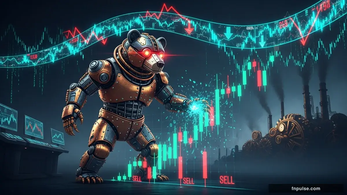 A steampunk mechanical bull with copper gears and brass rivets charges through a digital financial landscape, surrounded by glowing teal candlestick charts, binary code streams, and holographic market data overlays against a dark navy background — editorial illustration for "Geopolitical Oil Shock Derails Fed Rate Cut Hopes".