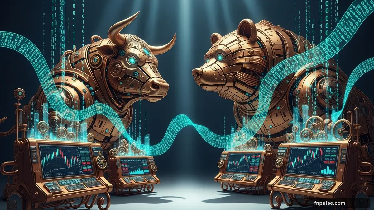 A steampunk mechanical bull with copper gears and brass rivets charges through a digital financial landscape, surrounded by glowing teal candlestick charts, binary code streams, and holographic market data overlays against a dark navy background — editorial illustration for "Geopolitical Tensions Drive Dollar Higher, Rattle Oil Markets".