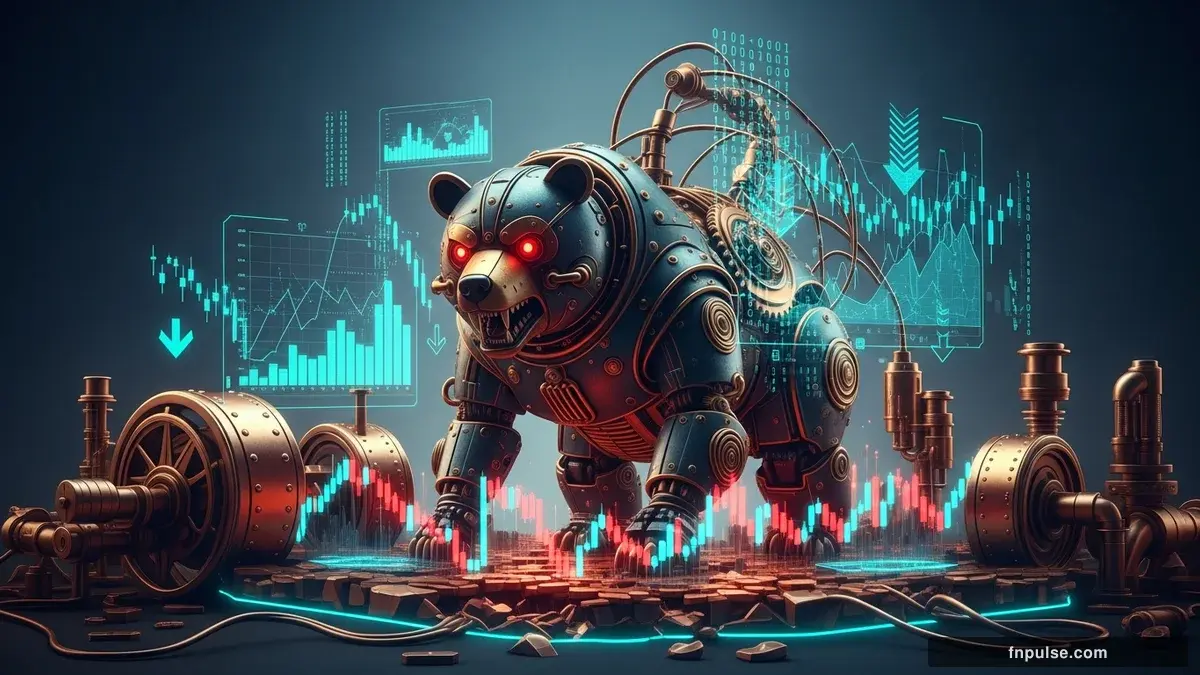 A steampunk mechanical bull with copper gears and brass rivets charges through a digital financial landscape, surrounded by glowing teal candlestick charts, binary code streams, and holographic market data overlays against a dark navy background — editorial illustration for "Global Bond Selloff Crushes Stocks as Oil-Driven Inflation Fears Send Yields Soaring".