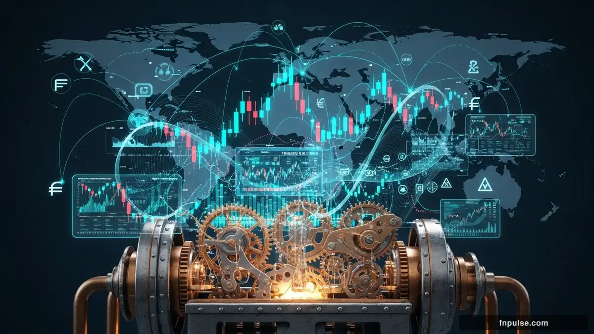 A steampunk globe with brass meridian lines and copper continent plates, surrounded by glowing teal financial data streams, candlestick charts, and holographic trading network connections — editorial illustration for "Global Forex Sessions: Master Liquidity Flows and Time Strategies".