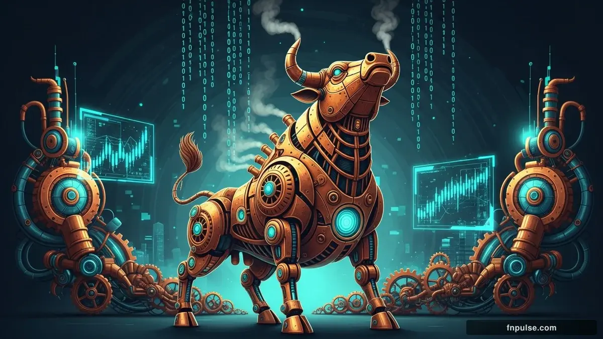 A steampunk mechanical bull with copper gears and brass rivets charges through a digital financial landscape, surrounded by glowing teal candlestick charts, binary code streams, and holographic market data overlays against a dark navy background — editorial illustration for "Global Stocks Rally and Oil Prices Plunge on US-Iran Peace Deal Hopes".