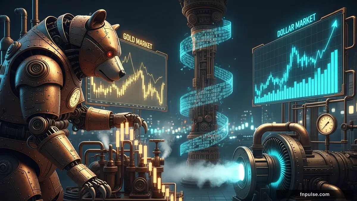 A steampunk mechanical bull with copper gears and brass rivets charges through a digital financial landscape, surrounded by glowing teal candlestick charts, binary code streams, and holographic market data overlays against a dark navy background — editorial illustration for "Gold Drops to Four-Week Low as Dollar Surges Ahead of Fed and ECB Decisions".