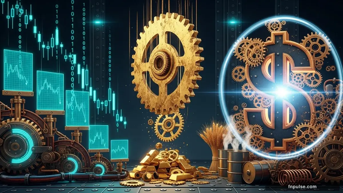 Steampunk mechanical commodity elements with brass oil derricks, copper grain silos, and gold storage vaults, connected by teal data streams and glowing market price tickers — editorial illustration for "Gold Plunges to Monthly Lows as Dollar Strength Overrides Geopolitical Safe-Haven Demand".