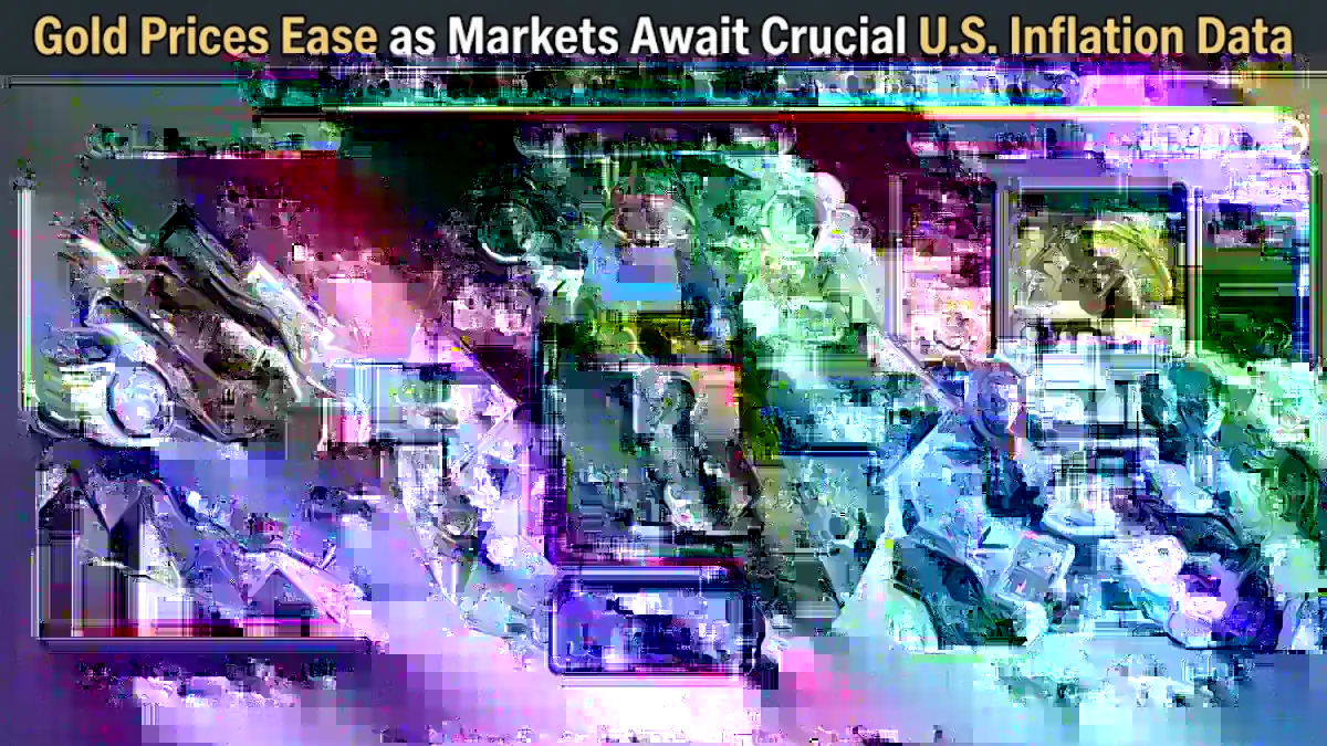 Infographic titled "Gold Prices Ease as Markets Await Crucial U.S. Inflation Data." It shows gold prices easing with arrows, market anticipation on October 12, and traders analyzing inflation data as the catalyst.