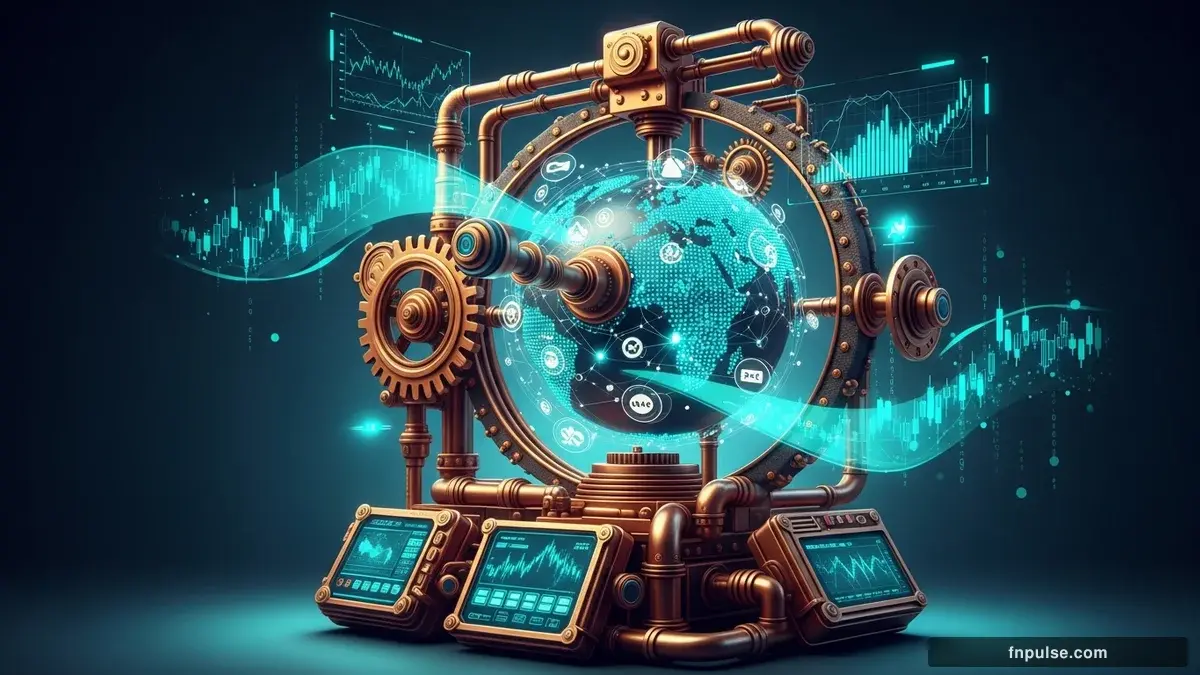 A steampunk globe with brass meridian lines and copper continent plates, surrounded by glowing teal financial data streams, candlestick charts, and holographic trading network connections — editorial illustration for "Gold (XAU/USD) Analysis".