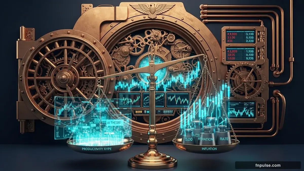 A grand steampunk vault with massive brass doors and copper mechanism wheels, balance scales made of clockwork gears, interest rate indicators glowing in teal holographic displays — editorial illustration for "Fed's Goolsbee Warns Productivity Hype Could Fuel Inflation, Challenging Incoming Chair Warsh's AI Thesis".