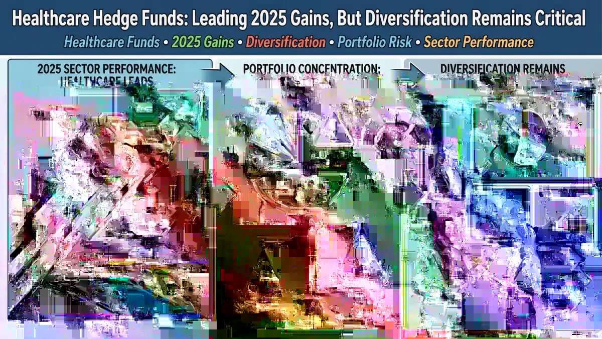 Infographic showing healthcare hedge funds' strong 2025 performance with a 25% gain. Illustrates sector performance, portfolio concentration risks, and diversification strategies. Features visuals of rising stock trends, pie chart of risk exposure with healthcare at 70%, and graphs on volatility. Two people discuss optimal diversification, emphasizing long-term stability and risk mitigation.