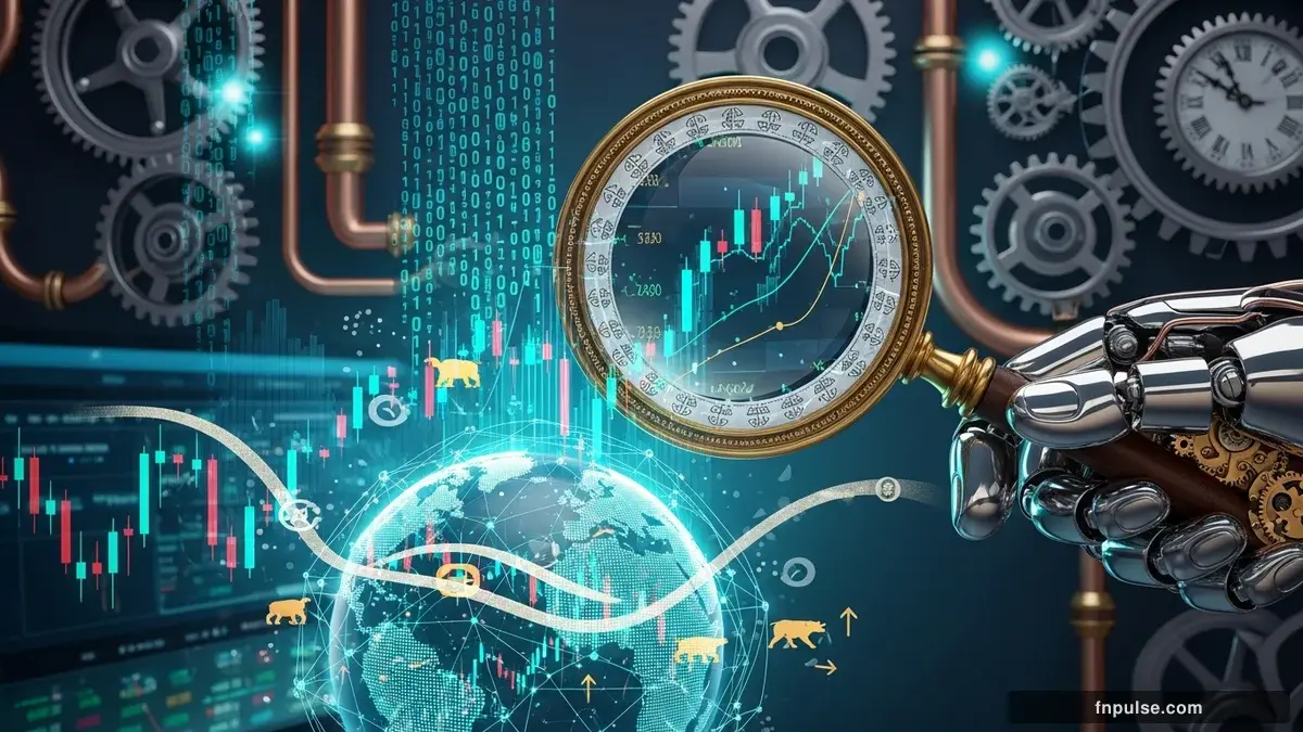 A steampunk globe with brass meridian lines and copper continent plates, surrounded by glowing teal financial data streams, candlestick charts, and holographic trading network connections — editorial illustration for "How to Verify a Broker's License".