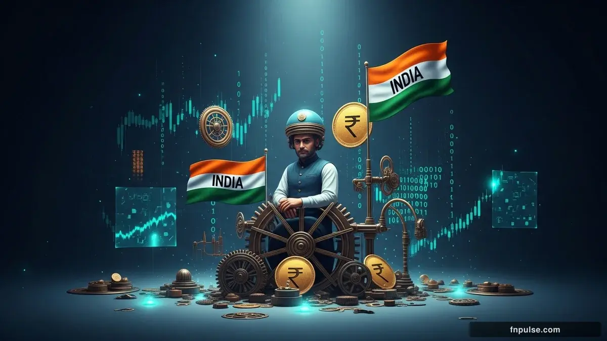 A steampunk industrial cityscape with copper-riveted factory towers, spinning brass gears driving economic indicators, GDP graphs rendered in glowing teal holographic projections against a moody dark navy sky — editorial illustration for "India Doubles Gold and Silver Import Duty to 18.4% as Rupee Defense Intensifies".