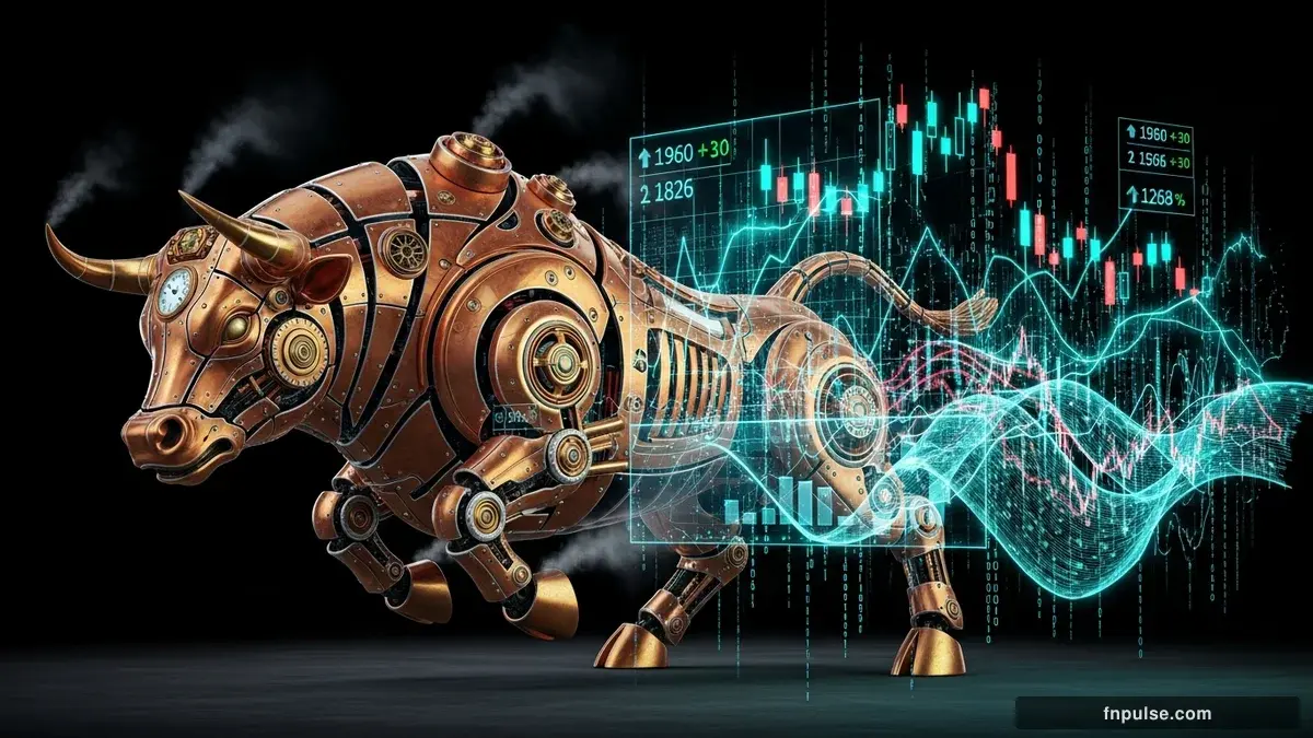 A steampunk mechanical bull with copper gears and brass rivets charges through a digital financial landscape, surrounded by glowing teal candlestick charts, binary code streams, and holographic market data overlays against a dark navy background — editorial illustration for "Indian Rupee Snaps 5-Day Slide as Oil Plunge and RBI Crisis Playbook Halt Record Rout".