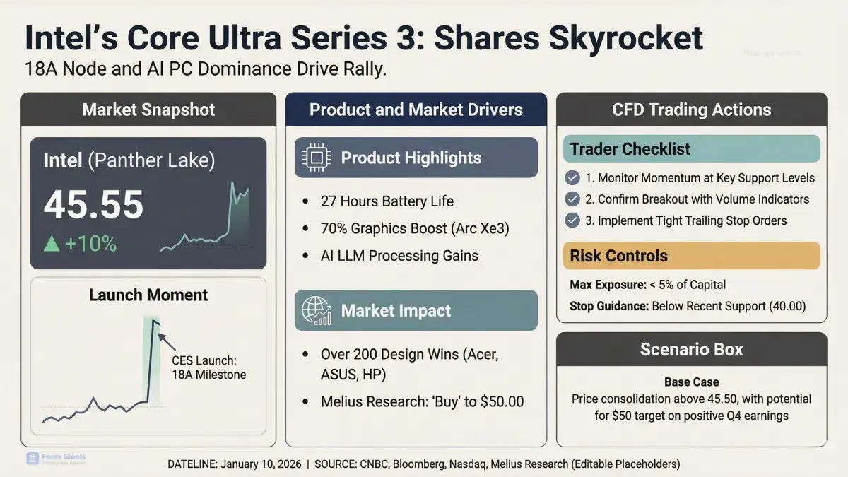 Infographic titled 'Intel’s Core Ultra Series 3: Shares Skyrocket', featuring a market snapshot with stock price increase to 45.55 and +10%. Highlights include 27-hour battery life, 70% graphics boost, AI processing gains, and over 200 design wins. Trading actions emphasize momentum monitoring and risk control with max exposure under 5% of capital. Scenario suggests price consolidation above 45.50 with potential for $50 on positive earnings. Data credited to CNBC and others, dated January 10, 2026.