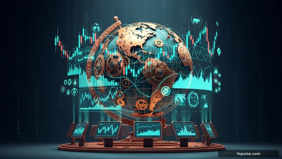 A steampunk globe with brass meridian lines and copper continent plates, surrounded by glowing teal financial data streams, candlestick charts, and holographic trading network connections — editorial illustration for "Iran Expected to Respond Today to US Peace Proposal as Oil Tumbles and Markets Hold Breath".
