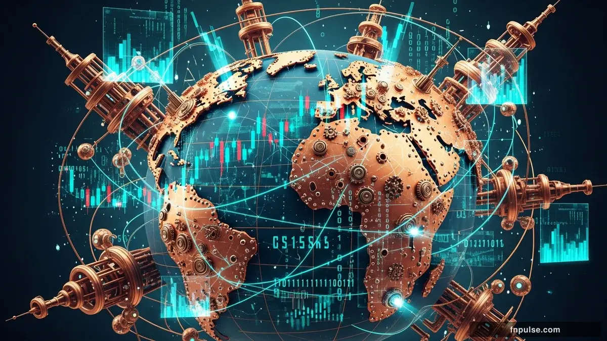 A steampunk globe with brass meridian lines and copper continent plates, surrounded by glowing teal financial data streams, candlestick charts, and holographic trading network connections — editorial illustration for "Oil Spikes to $114 as Iran Attacks UAE for Second Day, Safe-Haven Flows Intensify".