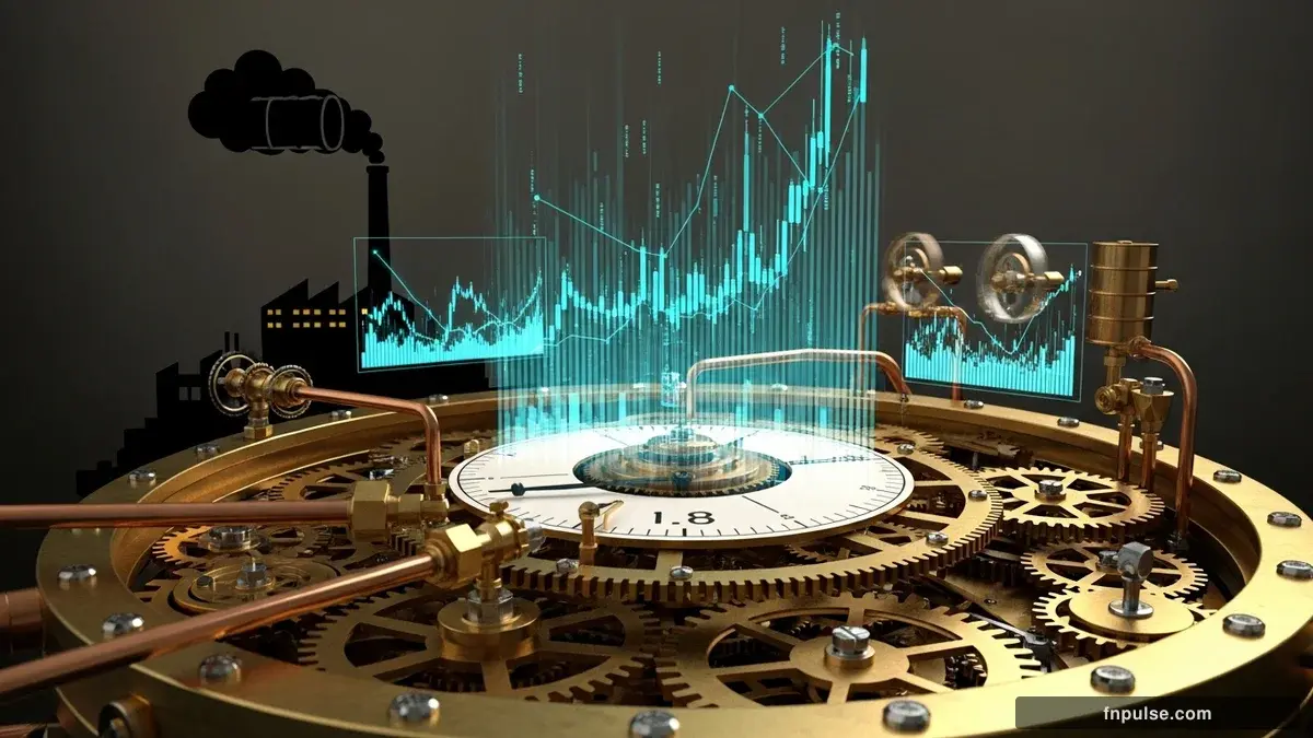 A steampunk industrial cityscape with copper-riveted factory towers, spinning brass gears driving economic indicators, GDP graphs rendered in glowing teal holographic projections against a moody dark navy sky — editorial illustration for "Japan Core Inflation Holds at 1.8%, Below BOJ Target, as Iran Energy Shock Looms".