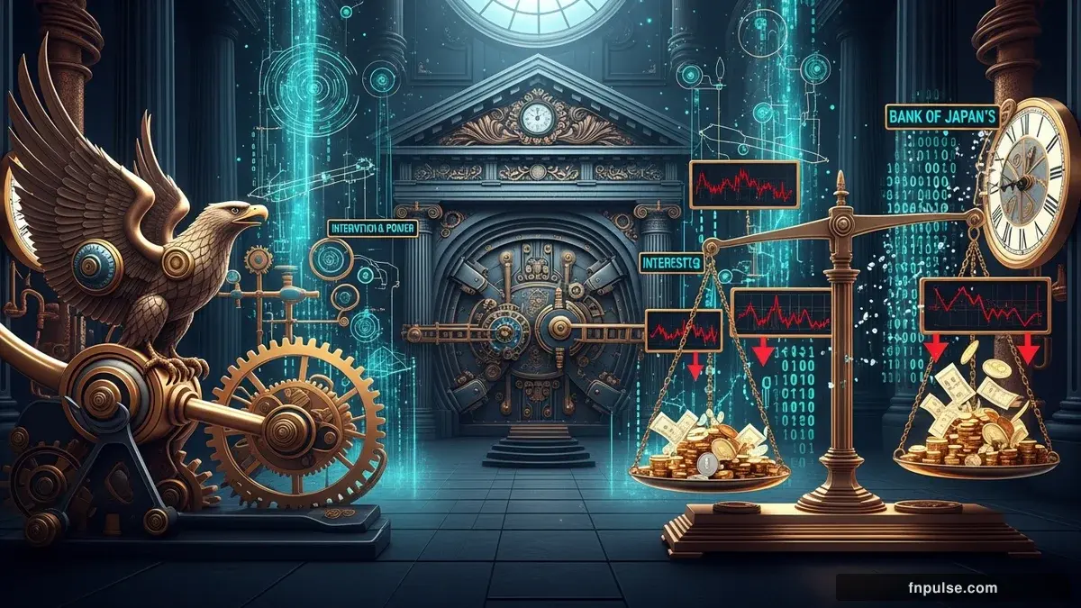 A grand steampunk vault with massive brass doors and copper mechanism wheels, balance scales made of clockwork gears, interest rate indicators glowing in teal holographic displays — editorial illustration for "Japan Executes $35 Billion Currency Intervention as Bank of Japan Fractures".